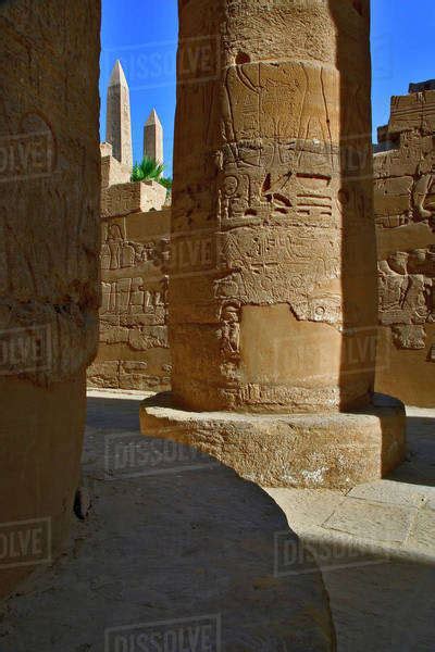 The two Obelisks of Queen Hatshepsut viewed between columns of the ...