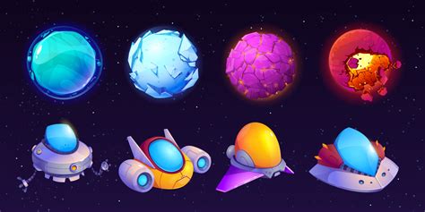 Cartoon set of alien UFO and planets on night sky 24592688 Vector Art ...