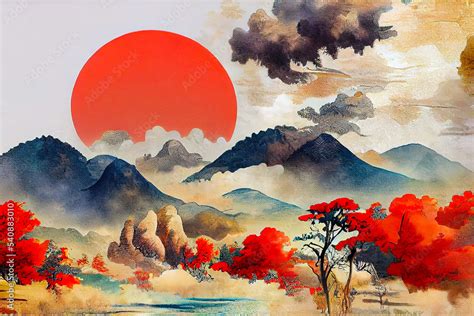 Mountains clouds and trees with red sun. Japanese Ukiyo-e, landscape, art prints. Oriental ...