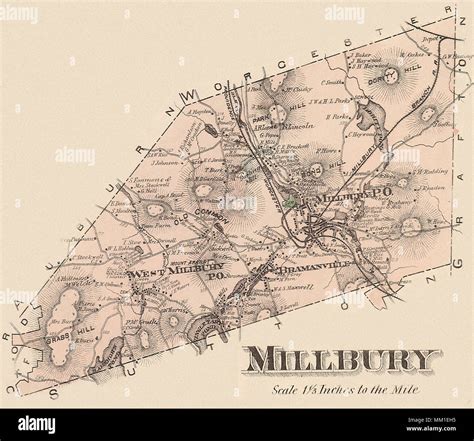 Map of West Millbury in Town of Millbury. 1870 Stock Photo - Alamy