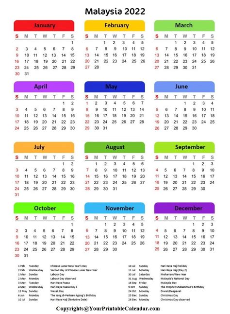 Malaysia 2022 Holidays Calendar | Calendar Dream