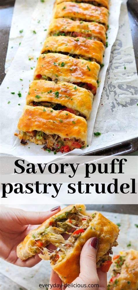 Savory puff pastry strudel, filled with tasty vegetables and pulling ...