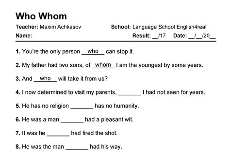 Who vs. Whom | English grammar fill in the blanks exercises with ...