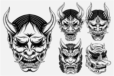 Set Bundle Dark Art Japanese Devil Oni Mask Tattoo Hand Drawn Engraving Style 9750872 Vector Art ...
