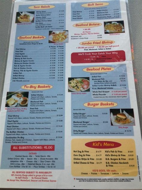 Menu at Dirty Al's restaurant, South Padre Island, State Park Rd 100