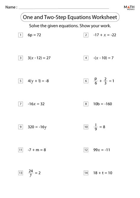 One and Two Step Equations Worksheets - Math Monks