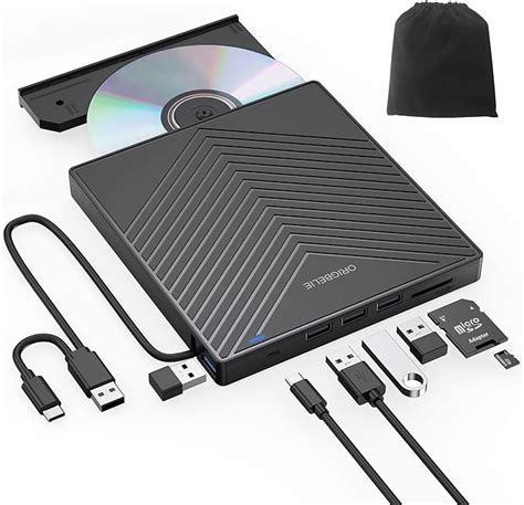 ORIGBELIE External CD DVD Drive, Ultra Slim CD Burner USB 3.0 with 4 USB Ports and 2 TF/SD Card ...