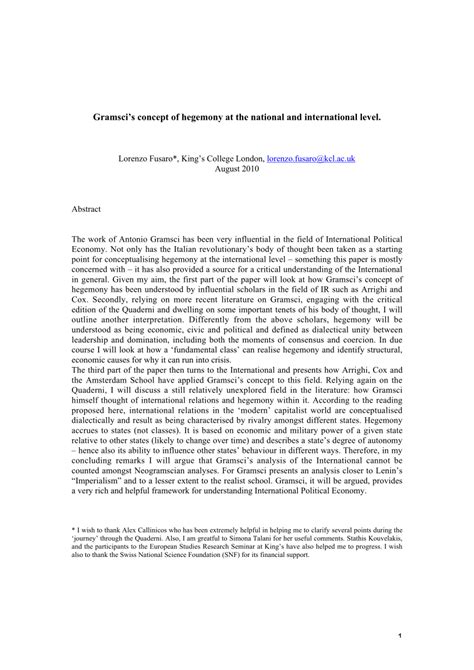 (PDF) Gramsci's concept of hegemony at the national and international level