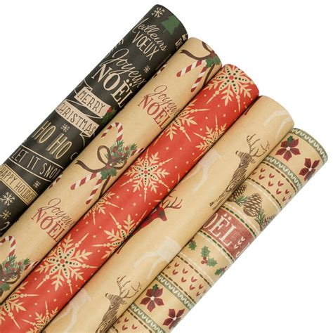 JAM Assorted Gift Wrap, Christmas Kraft Wrapping Paper, 125 Sq Ft Total, Kraft Christmas Set, 5 ...