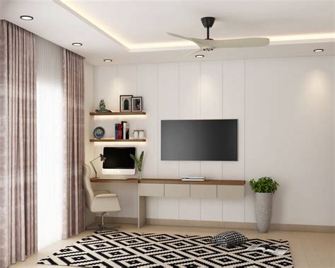 Spacious Wall-Mounted TV Unit Design In Beige | Livspace