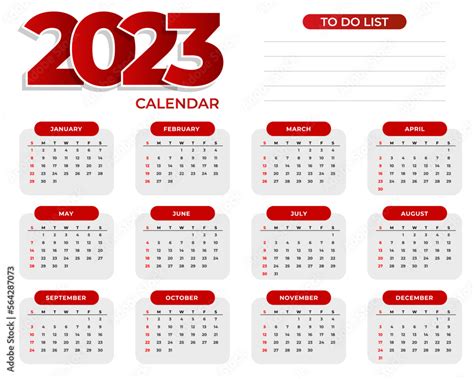 2023 new year simple calendar template design and 2023 to do list red ...