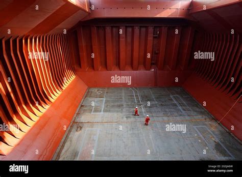 crew preparing cargo hold before loading cement, applying hold block, in the hold of big bulk ...