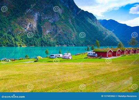 Norway Fjord Camping Landscape Stock Image - Image of houses, emerald ...