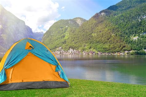 Bright Camping Tent Near Mountains Stock Image - Image of camp, nature: 153040171