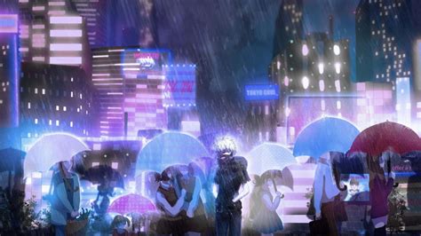 Download People With Umbrella Anime Rain Background | Wallpapers.com