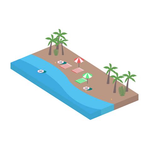 Sandy beach landscape PNG image. Sandy beach isometric design with lifebuoy and coconut tree ...