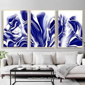 Navy Blue Abstract Painting PRINTABLE Wall Art Set of 3 Posters Blue Abstract Canvas Digital ...