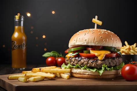 Premium AI Image | Grilled beef burger with fries cheese and tomato