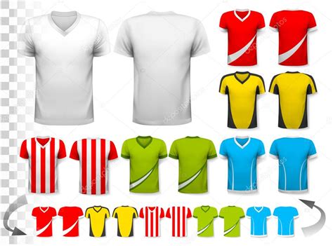 Collection of various soccer jerseys. The T-shirt is transparent ...