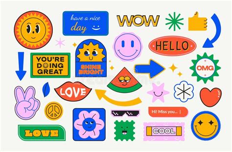 Cool Abstract Stickers. Doodle Cartoon Badge and Phrase, Funny Printing ...