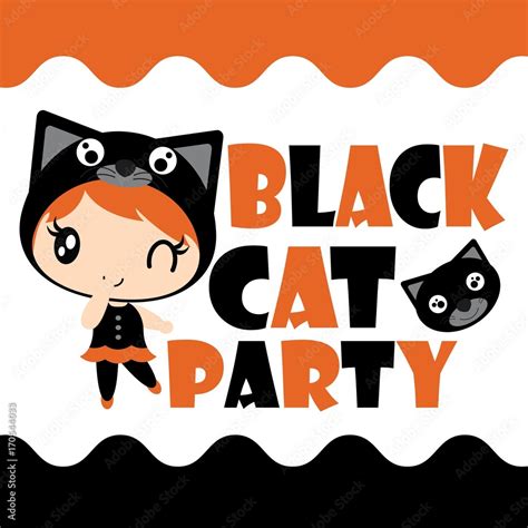 Cute black cat girl in black cat party vector cartoon illustration for ...