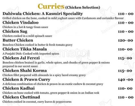 Menu at Kashmir Restaurant, Durban, 178 Florida Rd