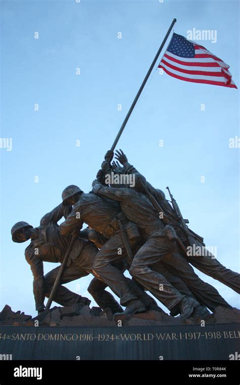 Close up of the bronze sculptures of the marines on the United States Marine Corps War Memorial ...