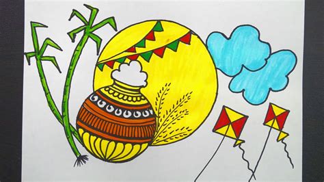 Easy Drawing Of Pongal Festival || Pongal Festival Drawing || Pongal Pot Drawing || Draw & Color ...