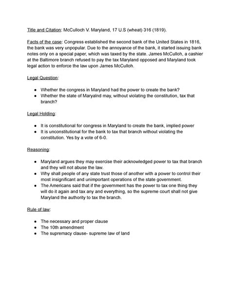 Mc Culloch V. Maryland brief case - Title and Citation: McCulloch V. Maryland, 17 U (wheat) 316 ...