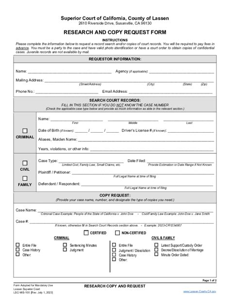 Fillable Online Research and Copy Request Form - Lassen Superior Court - CA.gov Fax Email Print ...