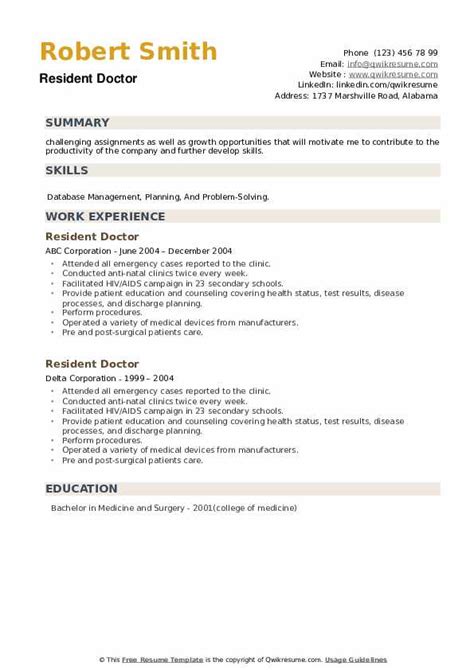 Resident Doctor Resume Samples | QwikResume