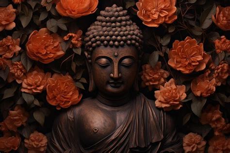 Premium AI Image | Buddha statue surrounded by orange flowers on a black background