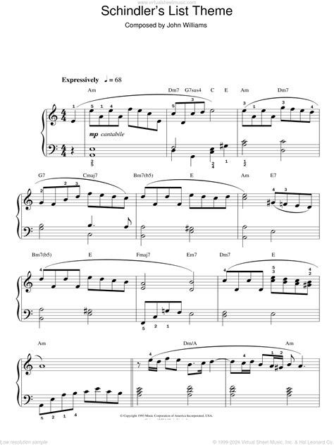 Williams - Schindler's List sheet music (easy) for piano solo