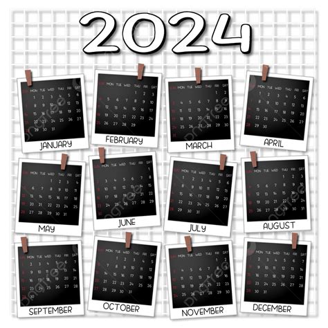 Gambar 2024 Kalendar Polaroid Hitam Putih, 2024, Kalendar, Hitam Dan ...