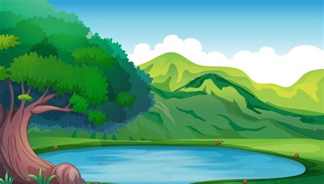 Background scene with pond in the mountain 519480 Vector Art at Vecteezy