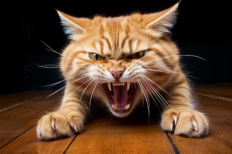 Premium AI Image | an angry cat with its mouth open on a wooden floor