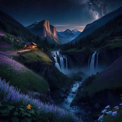 Premium AI Image | Mountain valley with waterfall