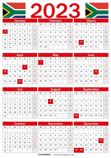 South Africa 2023 Calendar With Holidays Printable