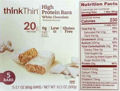 The updated Nutrition Facts label, as seen on thinkThin White Chocolate High Protein Bars. Image ...