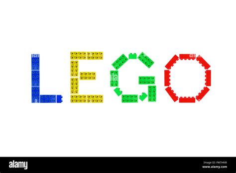 The word Lego created from Lego pieces photographed against a white ...