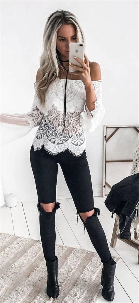 White Lace Top Outfits, Black Jeans Slim-fit Pants, Casual Wear Outfit ...