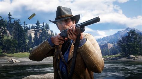 Arthur Morgan With Gun In Background Of Trees Mountain And Sky With Clouds HD Red Dead ...