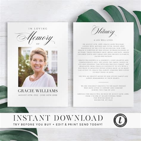 Obituary Card Template Funeral Service Template INSTANT - Etsy Australia