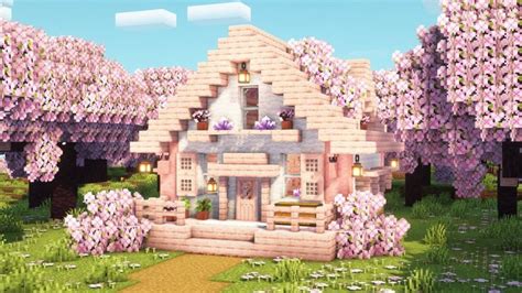 [Minecraft] How to Build a Cherry Blossom Starter House / Tutorial in 2023 | Cute minecraft ...