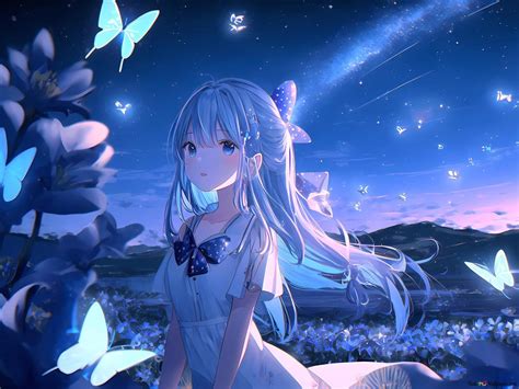 Beautiful anime girl with blue hair posing with butterflies HD wallpaper download