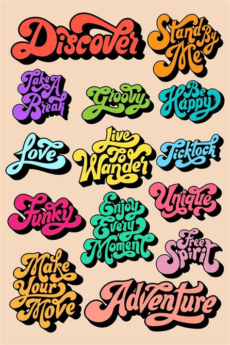 Colorful funky stylized script font sticker set