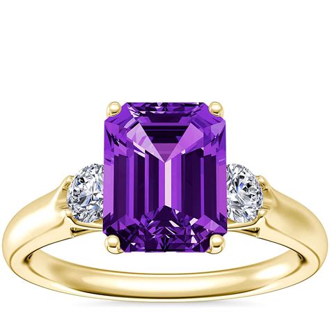 Classic Three Stone Engagement Ring with Emerald-Cut Amethyst in 14k Yellow Gold (9x7mm) | Blue Nile