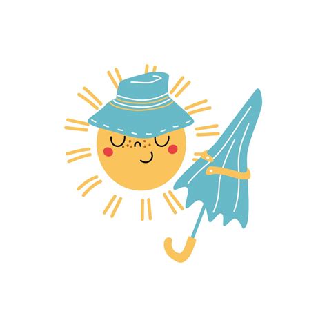 Cute sun character with hat and umbrella. 9587801 Vector Art at Vecteezy