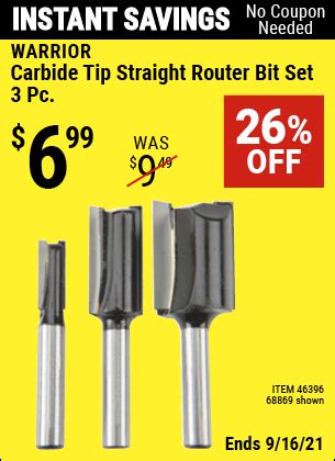 WARRIOR Carbide Tip Straight Router Bit Set 3 Pc. for $6.99 – Harbor Freight Coupons