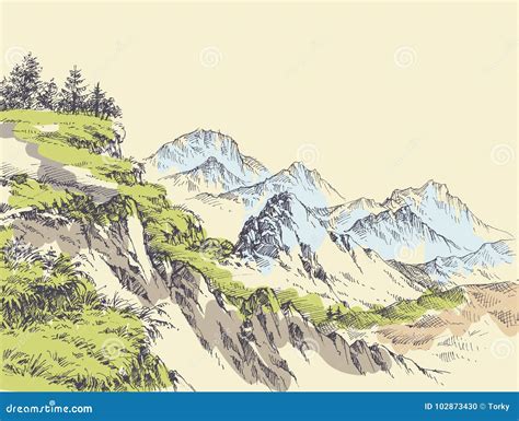 Wilderness drawing stock vector. Illustration of cliffs - 102873430